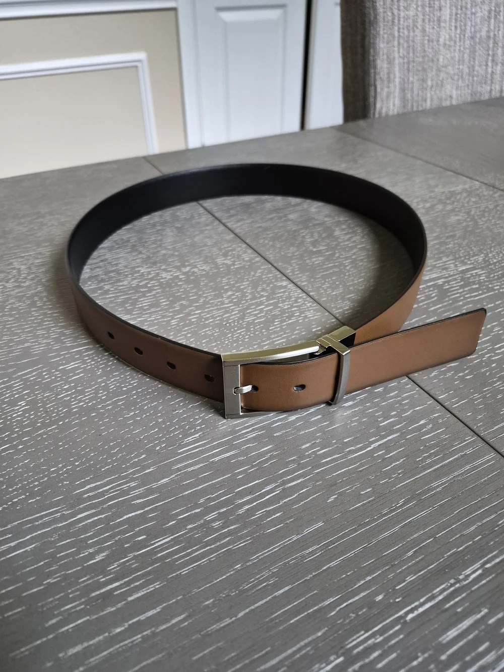 Perry Ellis Reversible Tan and Black Leather Belt with Silver Buckle